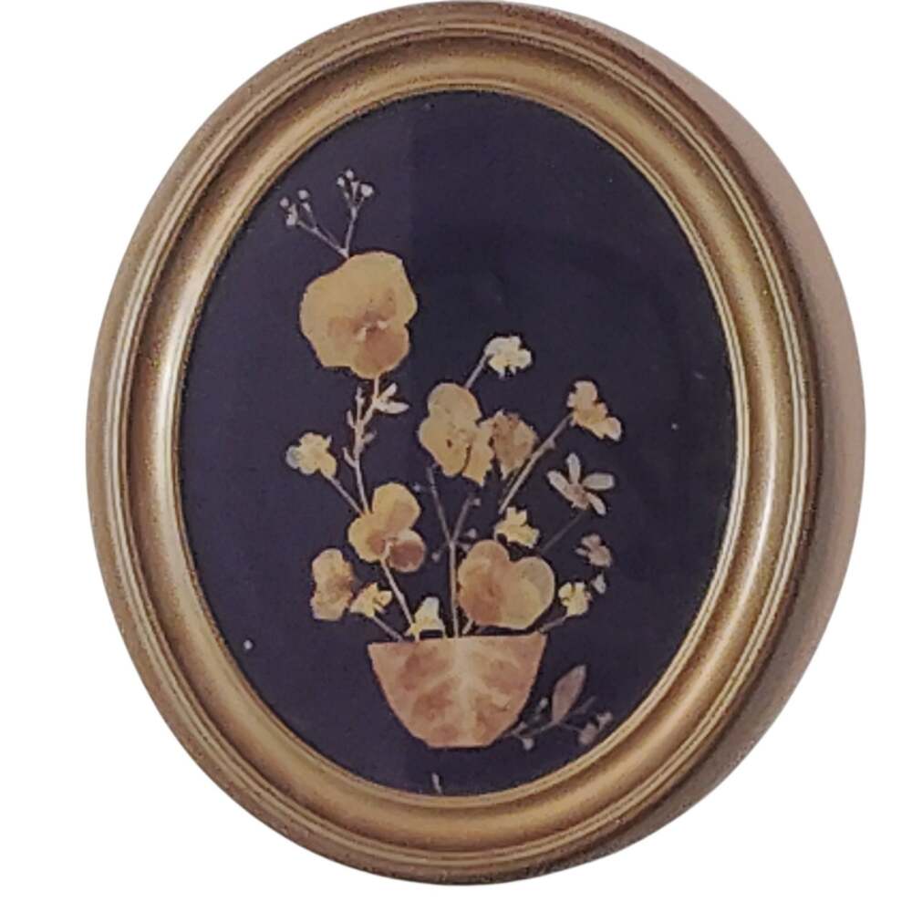 Vintage Oval Gold Frame Pressed Dried Flowers Botanical Wall Art 12x10 Easel